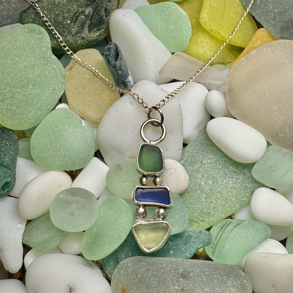 Hand Crafted Jewelry - Triple sea glass necklace Handmade 995 925 sterling silver soldered Puerto Rico